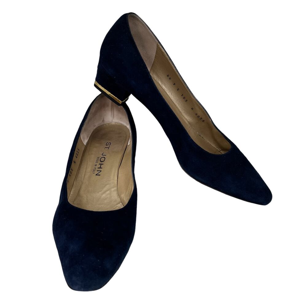 St. John Pumps Heels Navy Suede Gold Logo Heel 9AA